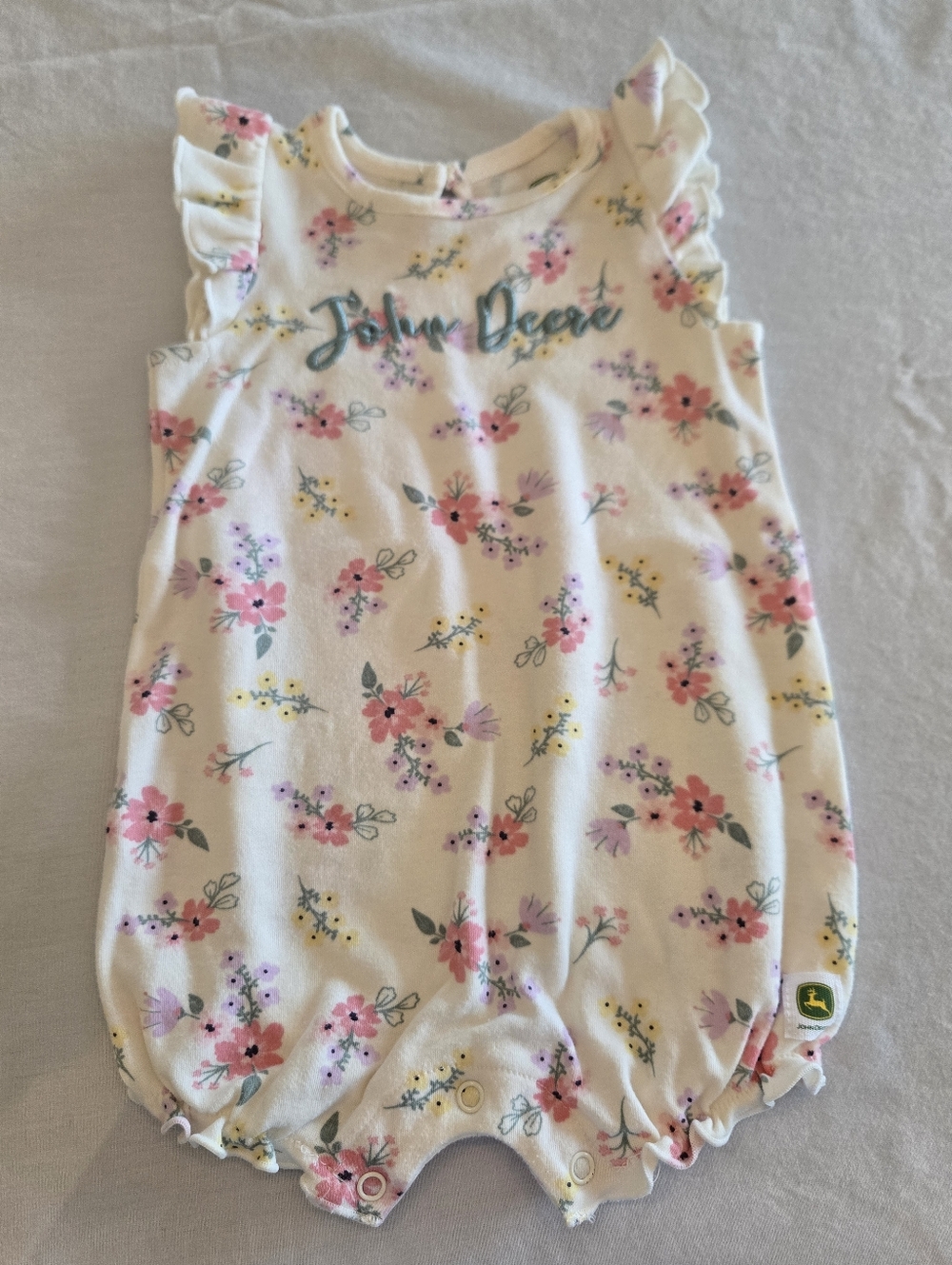 John Deere - Pink & White Floral Onesie w/ Ruffle Sleeves - (6/9M)